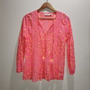 Vineyard Vines Tortola Scarf Print Pleated Top Vibrant Pink Size S